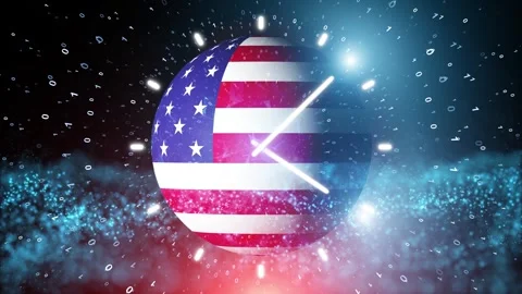 Usa sphere flag on computer binary data background with analog time clock an 動画素材 344141995