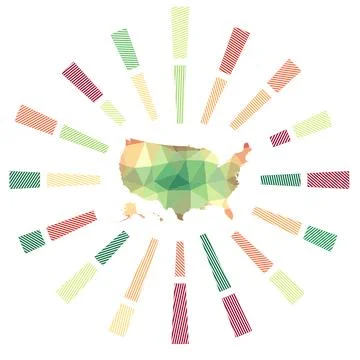 USA sunburst. Low poly striped rays and map of the country. Radiant vector .. Stockillustratie