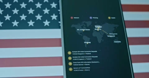 USA as target and source of cyber attacks, USA flag on background Stock Footage 310845341