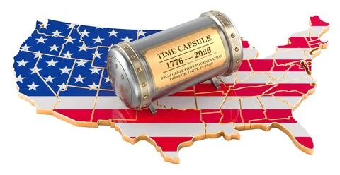USA time capsule on patriotic map for 1776 to 2026 anniversary. 3d rendering 스톡 일러스트