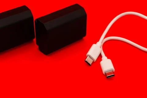 USA type C with two black batteries, USB type A, micro usb, chargers, type c, 스톡 사진