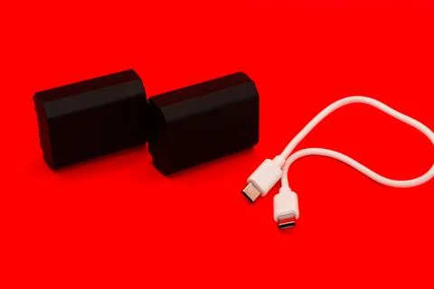 USA type C with two black batteries, USB type A, micro usb, chargers, type c, Stock Photos
