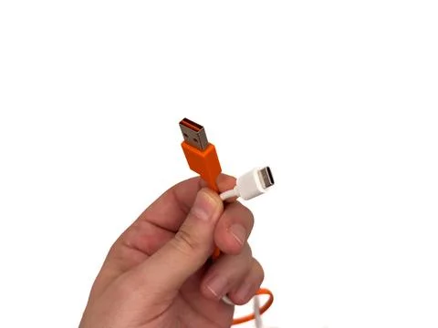 USA type C, USB type A, micro usb, chargers, type c, white usb, orange usb. A Stock Photos