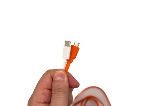 USA type C, USB type A, micro usb, chargers, type c, white usb, orange usb. A Stock Photos