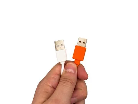USA type C, USB type A, micro usb, chargers, type c, white usb, orange usb. A Stock Photos