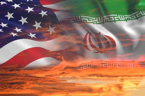 USA United States of America and Iran relations - iran us war with flags on s Stock Photos