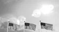 USA US 3 American Flags Waving Against Blue Sky old cine film celluloid sepia HD Footage