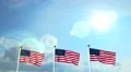 USA US 3 American Flags Waving Against Blue Sky CG Flare HD Footage