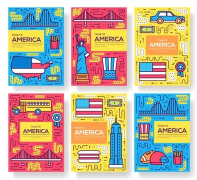 USA vector brochure cards thin line set. Country travel template of flyer Stock Illustration