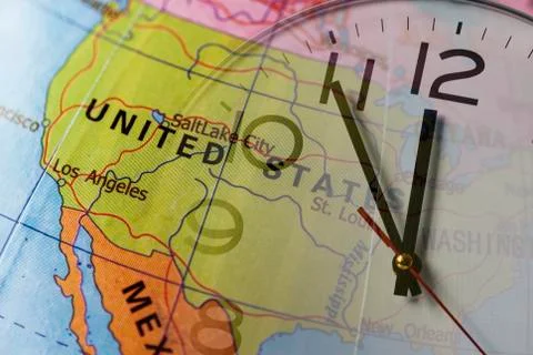 USA on world map and clock-face Stock Photos