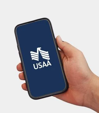 USAA App Displayed on Mobile Screen with White Backdrop, Highlighting Financial Stock Photos