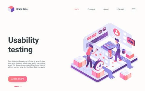 Usability mobile application testing isometriclanding page, website app 스톡 일러스트