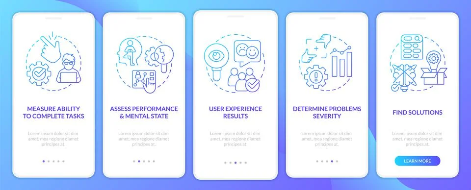 Usability test objectives blue gradient onboarding mobile app screen Stock Illustration