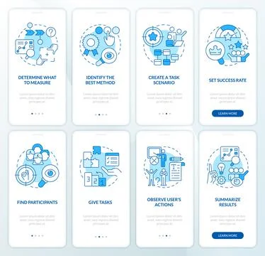 Usability test plan blue onboarding mobile app screen set Stock Illustration