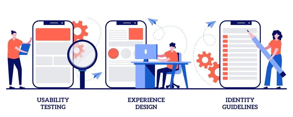 Usability testing, experience design, identity guidelines concept with tiny.. 스톡 일러스트