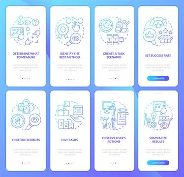 Usability testing goals blue gradient onboarding mobile app screen set Stock Illustration