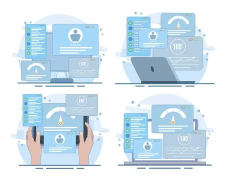 Usability testing illustration set showing checking app functions Illustrazione stock