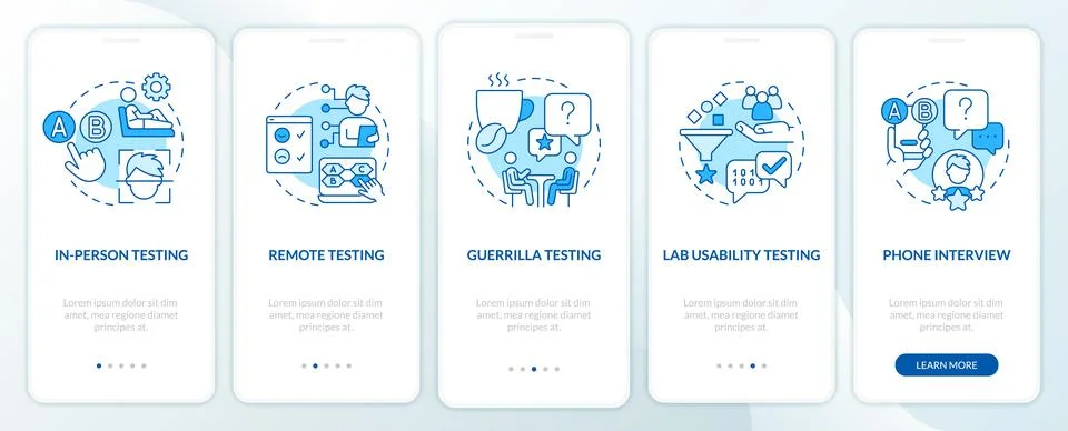 Usability testing methods blue onboarding mobile app screen Stock Illustration