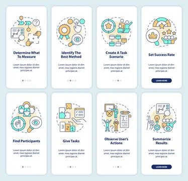 Usability testing plan onboarding mobile app screen set Stock Illustration