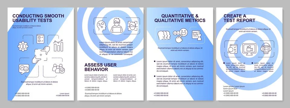 Usability testing session process blue gradient brochure template Stock Illustration