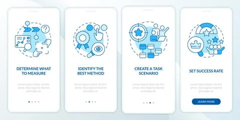 Usability testing strategy blue onboarding mobile app screen Stock Illustration