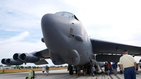 A USAF B-52 Stratofortress on display at the 2019 Fort Wayne Airshow. Stock Footage 111605568