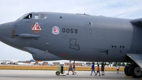 A USAF B-52 Stratofortress on display at the 2019 Fort Wayne Airshow. Stock Footage 111607179