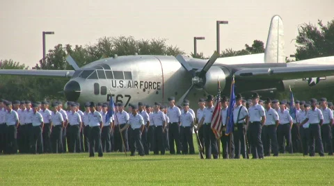 USAF Basic Trng grad parade flags aircraft HD Stock Footage 85057
