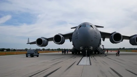 USAF C-17 Globemaster III sits on static display at the 2019 Fort Wayne Airshow. Stock Footage 111606863