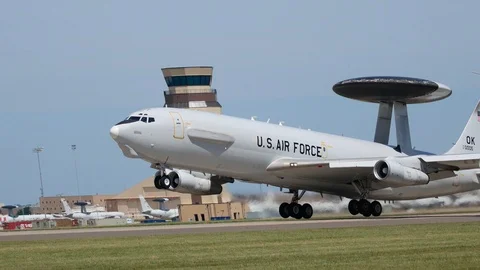 USAF E-3 Sentry takes off at Tinker Air Force Base Stock Footage 110737517
