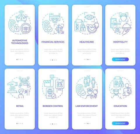 Usage of biometric technology blue gradient onboarding mobile app screen set Stock Illustration
