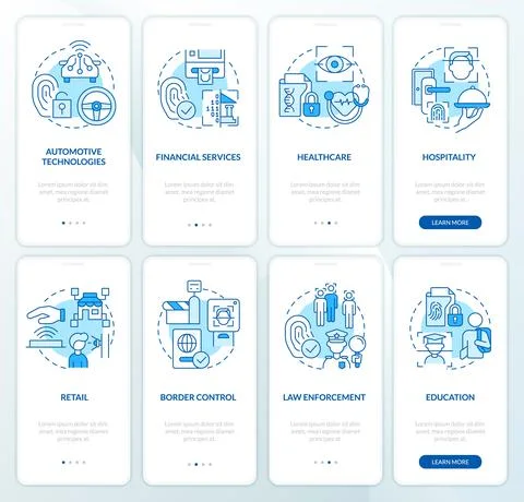 Usage of biometric technology blue onboarding mobile app screen set Stock Illustration