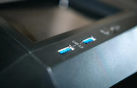 Usb 3.0 on the computer panel. usb in a small area of focus. usb inputs close Stock Photos