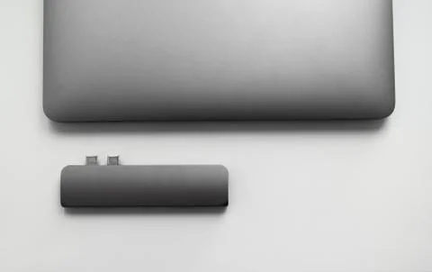 The USB adapter under the Type-C connector for laptop. Multiport station for Stock Photos
