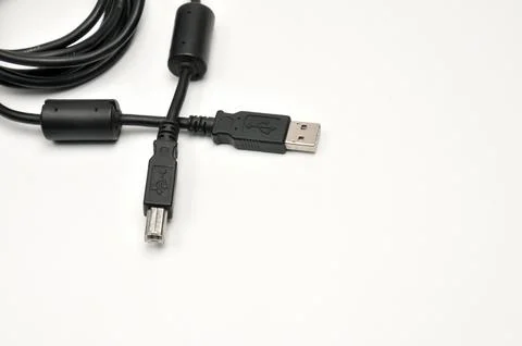 USB A and USB B printer plug cable on white background Stock Photos