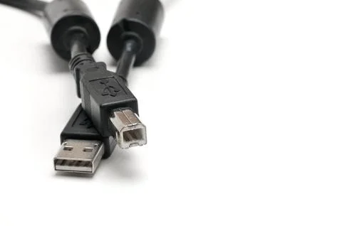 USB A and USB B printer plug cable on white background Stock Photos