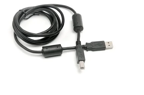 USB A and USB B printer plug cable on white background Stock Photos