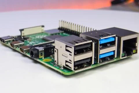 USB on the board of minicomputer. Computer components. Stock Photos