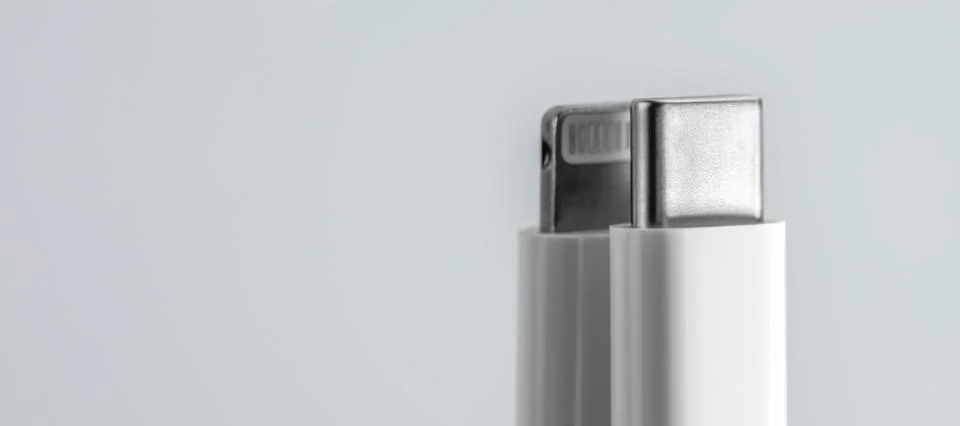 Usb c cable and lightning cable on gradient gray background. Selective focus. Foto stock