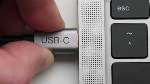 USB C Cable Connected to a Laptop Computer Input Stock Footage 148240975