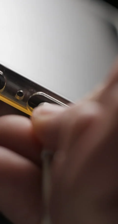 USB-C cable macro plugin to smartphone slow motion, vertical view Video stock 281040931