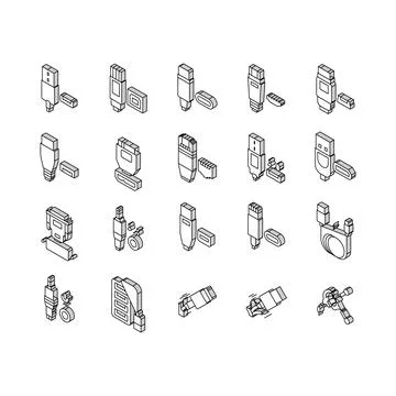 Usb Cable And Port Purchases isometric icons set vector Stock Illustration