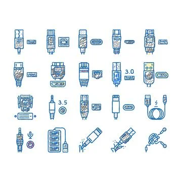 Usb Cable And Port Purchases Icons hand drawn Stock Illustration