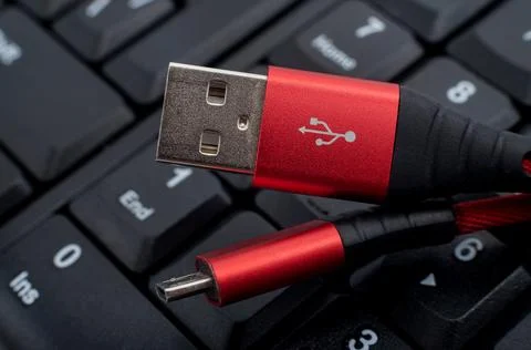 The usb cable for charging peripherals is on the keyboard in black Foto stock
