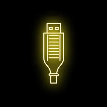 Usb cable connector glowing yellow neon line art icon Stock Illustration