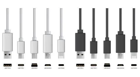 Usb cable connectors. Realistic vector set of phone jacks for cabling in white Stock Illustration