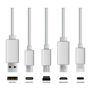 Usb cable connectors. Realistic vector set of phone jacks for cabling in white Stock Illustration