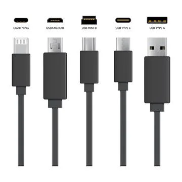 Usb cable connectors. Realistic vector set of phone jacks for cabling in black Stock Illustration