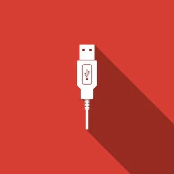 USB cable cord icon isolated with long shadow. Connectors and sockets for PC and Stock Illustration
