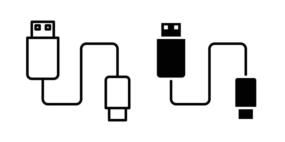 USB cable icon solid, line, and editable vector set. Stock Illustration
